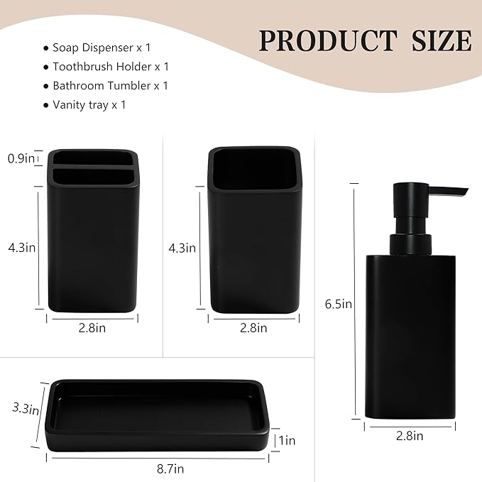 Bathroom Accessories Set, 4 Pcs Bathroom Accessory Set, Soap Dispenser, Toothbrush Holder, Qtip Holder Set, Bathroom Sets Complete, Bathroom Sink Set for Modern Home,Matte Black