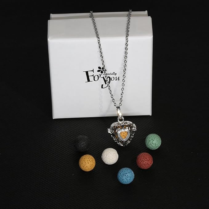 2PCS Essential Oil Diffuser Necklace Aromatherapy Lava Bead Stone Little Love Heart and Hollow Ball Locket Necklace Pendant with for Women
