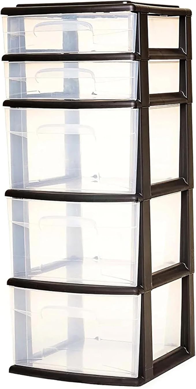 HOMZ 2-Pack Drawer Tower, 5-Tier Clear Plastic Storage Organizer Unit, Black Frame - Multi-Purpose Container Drawers for Bedroom, Bathroom, and Office Organization