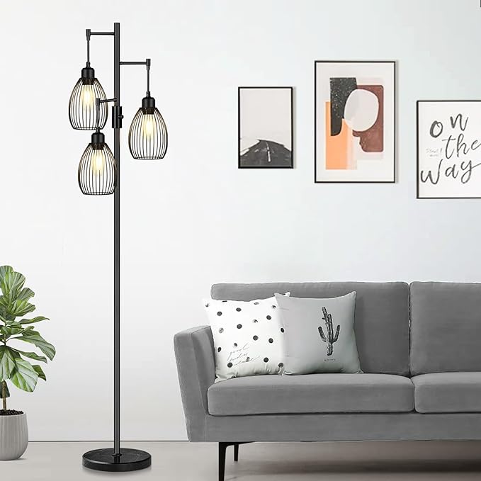 Torondo 70" Dimmable Floor Lamp with Marble Base, 3 x 800LM LED Edison Bulbs Included, Industrial Black Floor Lamps for Living Room, Rustic Tall Lamps Standing Lamp for Bedrooms Living Room