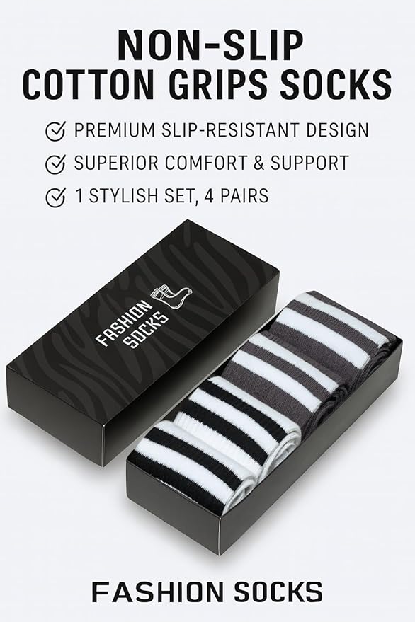 POWER STEP Pilates Grip Socks for Women, Non-Slip Cotton Crew Yoga Socks for Pilates, Dance, Workout, Barre and Home, 4 Pairs