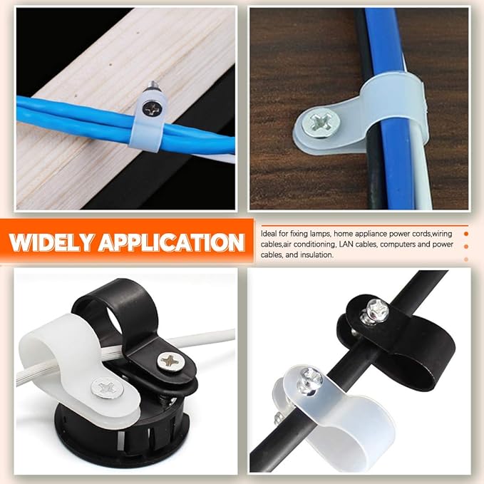 132 Pcs 6 Sizes White and Black Nylon R-Type Cable Clamp Cable Organizer Cord Fasteners Screw Mounting Electrical Grip Wire Clips with 132 Pcs Screws for Wire Management (Black and White)