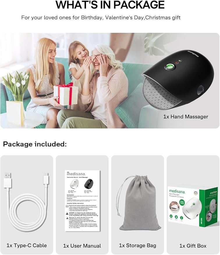 Medisana Hand Massager with Heat and Compression, Cordless Hand Massager for Arthritis and Carpal Tunnel Relief, Knuckle Stretching Massage, Personalized Birthday Gifts for Women/Men-Black