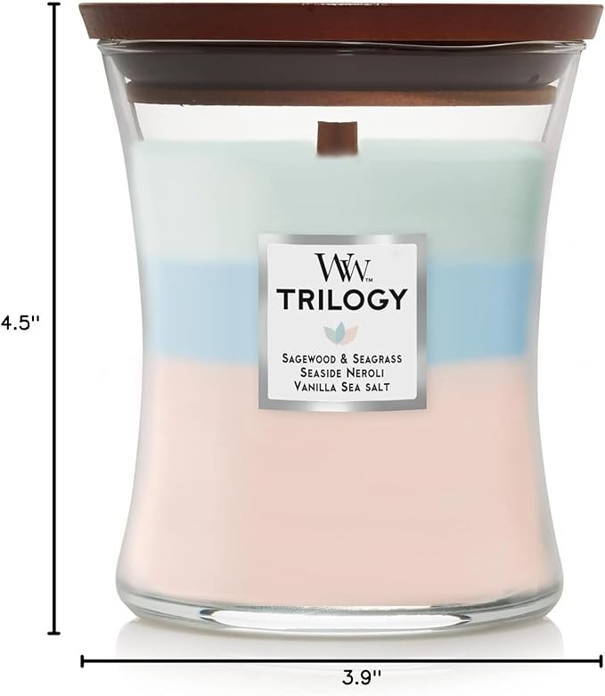 WoodWick Oceanic Scented Trilogy Medium Hourglass Candle, Crackles at it Burns, Perfect for Gifting, 9.7oz