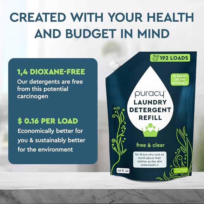 Puracy Laundry Detergent Refill - Enzyme-Powered Liquid Detergent Concentrate, Natural Laundry Detergent Seen on TikTok, Non-Toxic (Free & Clear, 48 fl oz, 192 Loads)