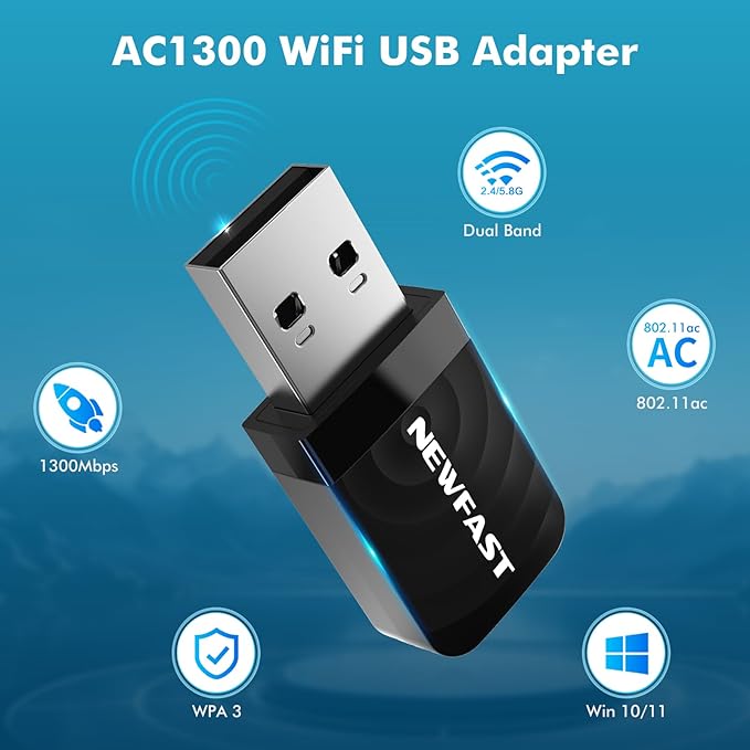 NEWFAST AC1300 USB WiFi Adapter for Desktop PC NF-U323V2, 2.4G/5G Dual Band Wireless Network Adapter,WPA3, MU-MIMO, Nano WiFi Dongle Supports Windows 8/8.1/10/11(64bit),Mac 10.11-10.15