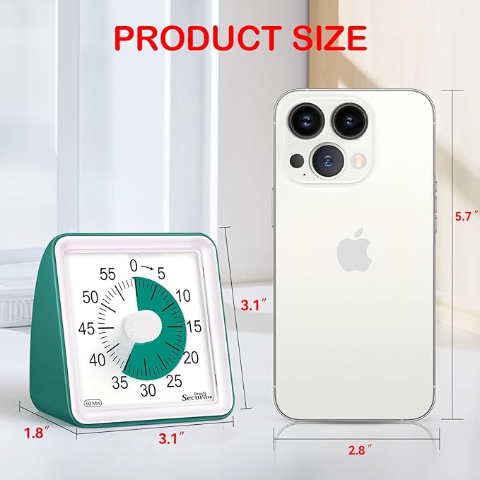 Secura 60 Minute Essential Visual Timer for Kids, Countdown Clock Timer for Special Education, Classroom, School, Desk, Home, Office, Silent Non-Ticking Time Management Tool (Dark Green & Dark Green)