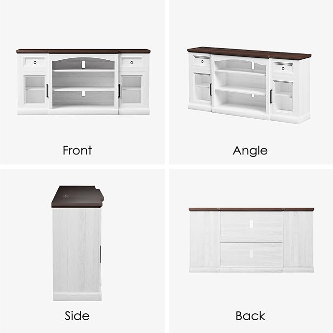 Farmhouse TV Stand, 70" Modern TV Stand with LED Lights & Outlet, 2 Drawers, Transparent Doors, Entertainment Center with Adjustable Shelves for Fireplace(36" Wx15 H), Antique White