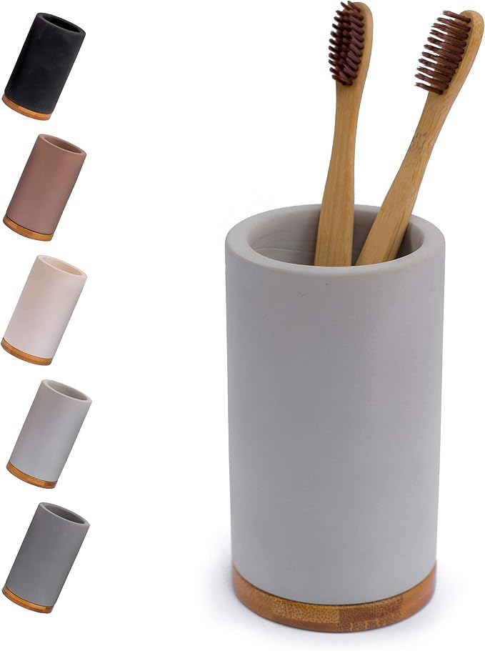 Matani Bamboo Toothbrush Holder Diatomite Tooth Brush Organizer - Storage Stand for Small Bathroom & Counter - Removable Base & Drain Holes, Water-Absorbent & Quick-Drying (Grey & Light Grey)