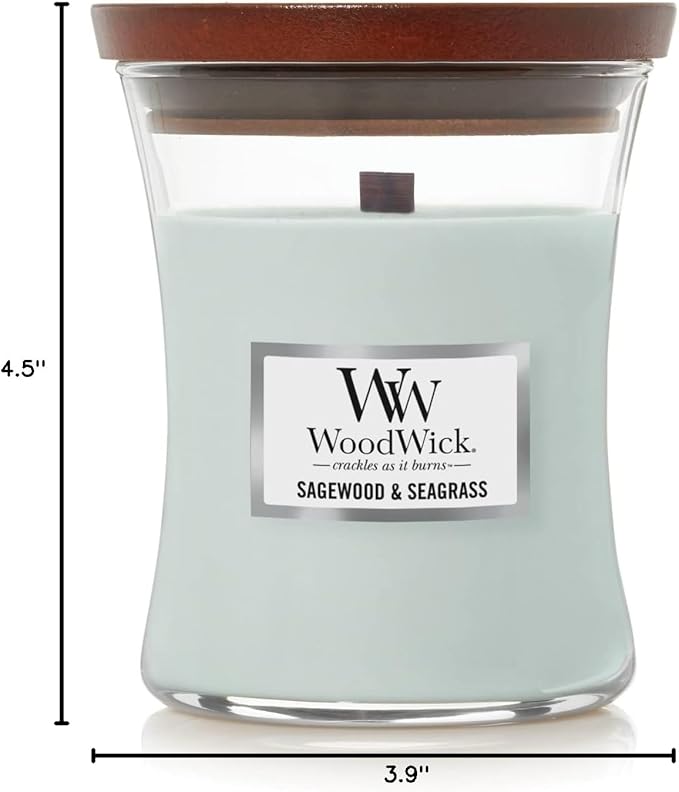WoodWick Medium Hourglass Candle Sagewood/Seagrass - Premium Soy Blend Wax Pluswick Innovation Wood Wick Made in USA