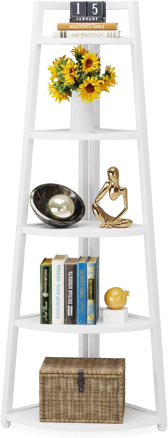 Tribesigns 70 inch Tall Corner Shelf, 5 Tier Modern Corner Bookshelf Bookcase Industrial Corner Ladder Shelf Plant Stand for Living Room, Kitchen, Home Office (White)