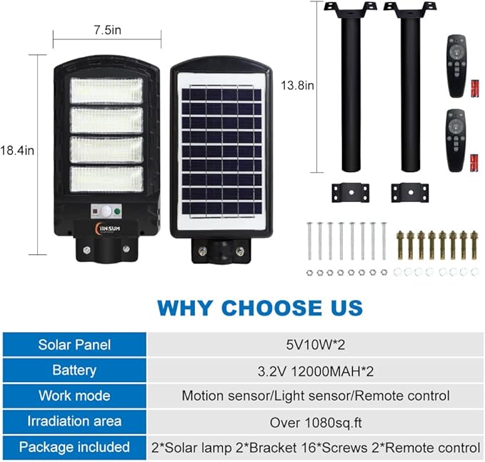 2 Pack Solar Street Light Outdoor,200w 6000LM Solar Motion Flood Lights IP66 Waterproof Dusk to Dawn Led Remote Control for Garden,Paking Lot,Pole,Barn,Wall Lighting