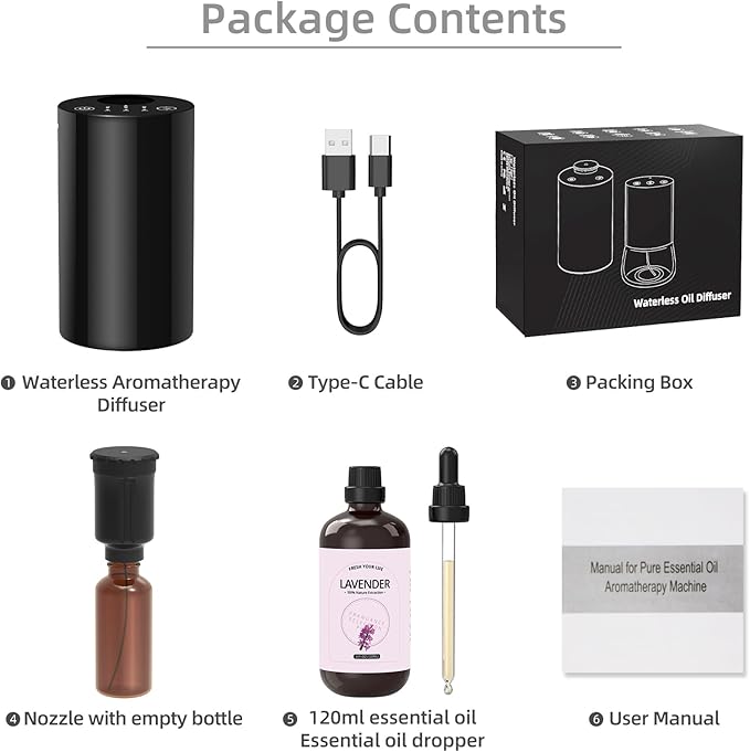 Waterless Diffuser for Essential Oil, Battery Operated Portable Nebulizer, Aromatherapy Scent Diffusers for Home Large Room, Car, Office, Desk, Included 120ml Oil, 3 Timer Modes & 3 Mist Levels, Black