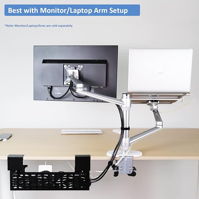 AEONS Under Desk Cable Management Tray Wire Cord Organizer Removable C Clamp Mount No Drill Computer Cord Raceway and Modesty Panel, Black, 16-inch