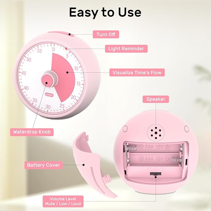 Visual Timer 60-Minute, Kids Timer for Homeschool Desk, Time Management Tools with Silent Operation, Timer for Kitchen Office Classroom(Pink)