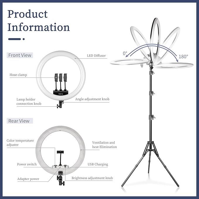 Ring Light with Stand, 19in LED Selfie Circle Light, Max 8ft/2.5m Tripod Stand, 3 Holders for iPhone, Remote Control, 6300K Color Temperature for Live Streaming, Barber, Makeup, YouTube, Tiktok