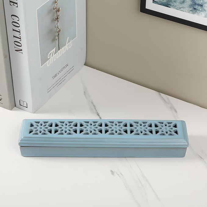 Incense Holder,Ceramic Incense Holder for Sticks with Ash Catcher,Coffin Style Incense Box,Incense Burner for Meditation Yoga Spa Room Decor(Blue)