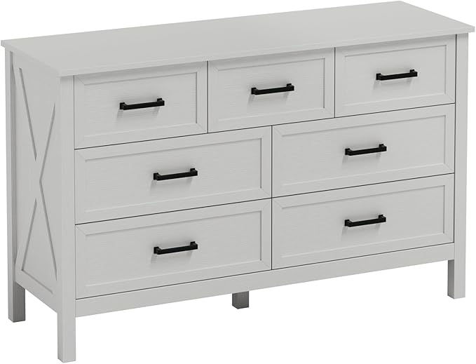 LYNSOM Farmhouse 7 Drawers Dresser for Bedroom, Wood Rustic Wide Chest of Drawers with Deep Drawers, Metal Handle, Storage Dressers Organizer for Hallway