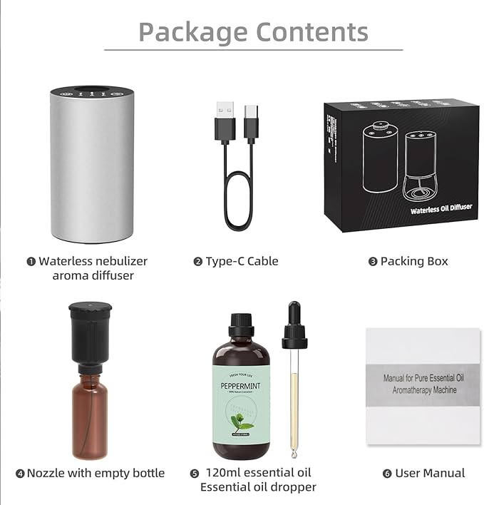 Waterless Essential Oil Diffuser Aromatherapy Scent Diffusers for Home Large Room, Bedroom, Car, Office, Desk, Battery Operated Mini Portable Air Freshener, Included 120ml Essential Oil, Silver