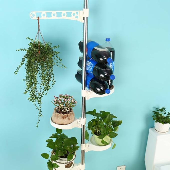 BAOYOUNI 5-Tier Tension Rod Plant Holder Pole, Flower Display Stand Rack Stainless Steel Decorative Shelf, Ivory