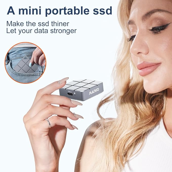 MAIWO Portable SSD 2TB External Solid State Drive, USB 3.2 GEN 2 Type-C Up to 1050MB/s, Mini NVMe SSD with 4K ProRes Videos for iPhone iPad MacBook macMini PS5, Aluminum (Grey)