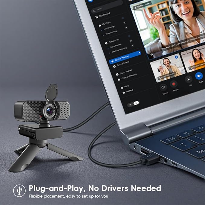 1080P USB Webcam with Dual Mics & Privacy Cover, Autofocus, Plug-and-Play, Wide-Angle, Low-Light; Adjustable Clip & 1/4" Tripod; Compatible with Windows/Mac/ChromeOS; Zoom/Teams/OBS