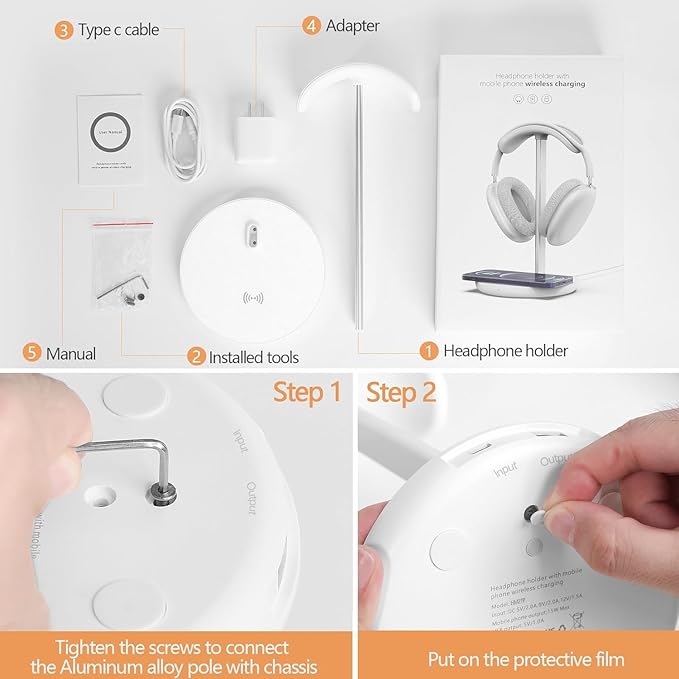 Miroddi Headphone Stand with Wireless Charger, Independent USB Charging Port, 5 in 1 Charging Station Headset Holder Rack for AirPods Max/Pro/4/3/2, iWatch, iPhone, Samsung and Desk Headphones, White