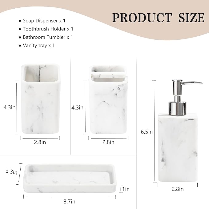 Bathroom Accessories Set, 4 Pcs Bathroom Accessory Set, Soap Dispenser, Toothbrush Holder, Qtip Holder Set, Bathroom Sets Complete, Bathroom Sink Set for Modern Home Decor, White