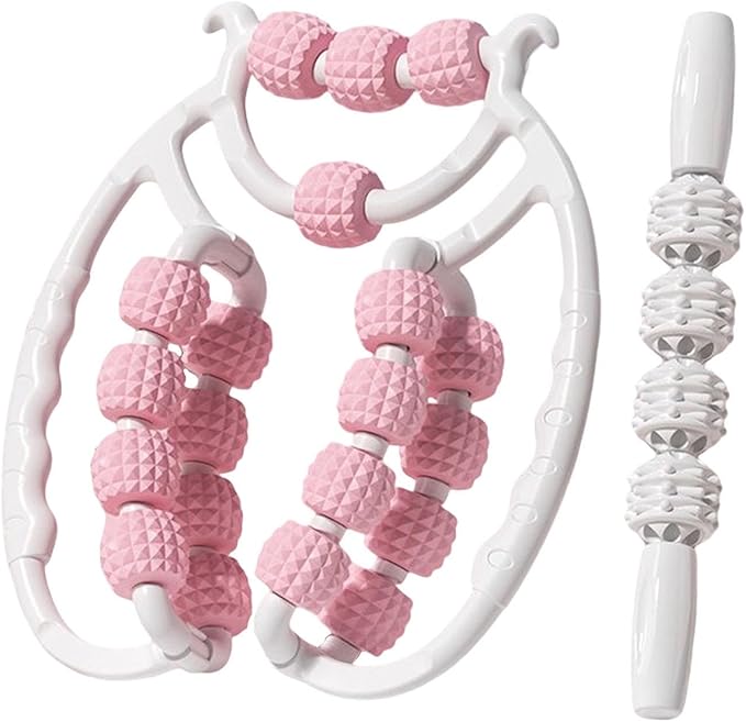 Colaxi 20 Wheels Massage Roller with Massage Stick Portable Multipurpose Flexible Handheld Roller for Back Shoulders Legs Thigh Arms, Pink