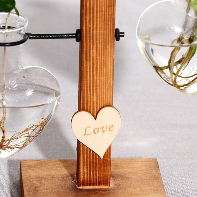 Kingbuy Heart Shaped Glass Hydroponic Vase with Retro Wooden Stand - Desktop Plant Terrarium for Bulb Planter, Water Plant Propagation Glass Vase Pot Planter Flower Desktop Decoration Home Garden