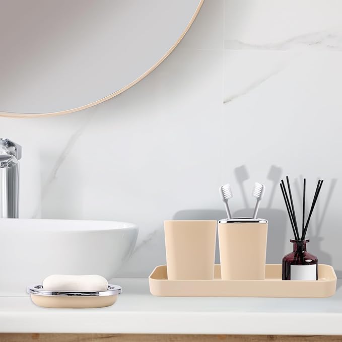 Beige Bathroom Set, Plastic 9-Piece Bathroom Set with Trash Can, Soap Dispenser, Toothbrush Holder, Toothbrush Cup, Soap Dish, Toilet Brush, Tray and Q-tip Holders for Bathroom/Housewarming