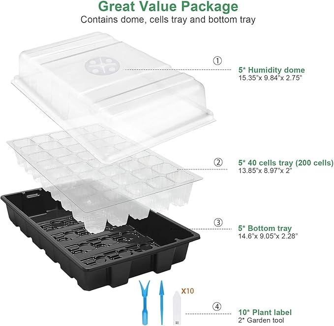 MIXC Seedling Trays Seed Starter Tray, 5-Pack Mini Propagator Plant Grow Kit Greenhouse with Humidity Vented Domes and Base for Seeds' Starting (40 Cells Per Tray, Total 200 Cells), Black