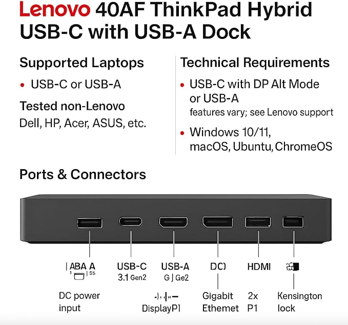 40AF0135US Lenovo Docking Station Dual Monitor Hybrid USB-C with USB-A, 135W, HDMI & DisplayPort Cable - Thinkpad Dock Station
