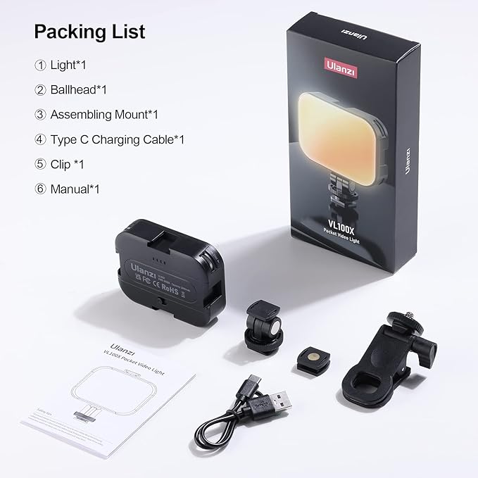 ULANZI VL100X Selfie Light, LED Video Camera Light, Portable Clip on Light Panel for Camera/Phone/Laptop/Tablet/Computer, 2000mAh, 2500-6500k Rechargeable Fill Light for Picture/TikTok/Makeup/Vlog