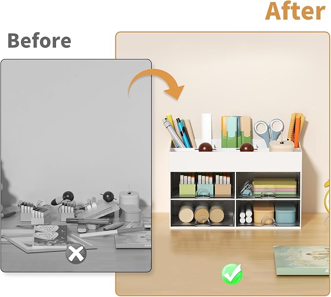 Marbrasse Pen Organizer with 4 Drawer, Multi-Functional Pencil Holder for Desk, Desk Organizers and Accessories with 4 Compartments + Drawer for Office Art Supplies (White)