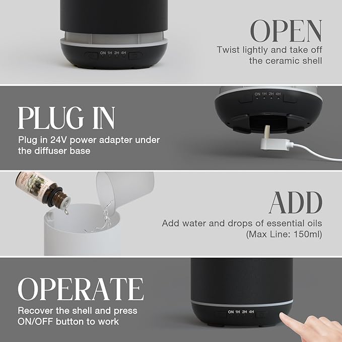 SALKING 200ml Ceramic Diffuser, Stone Essential Oil Diffuser, Ultrasonic Aromatherapy Diffusers with 7-Color LED Lights Timers, for Office Bedroom Home (Black)