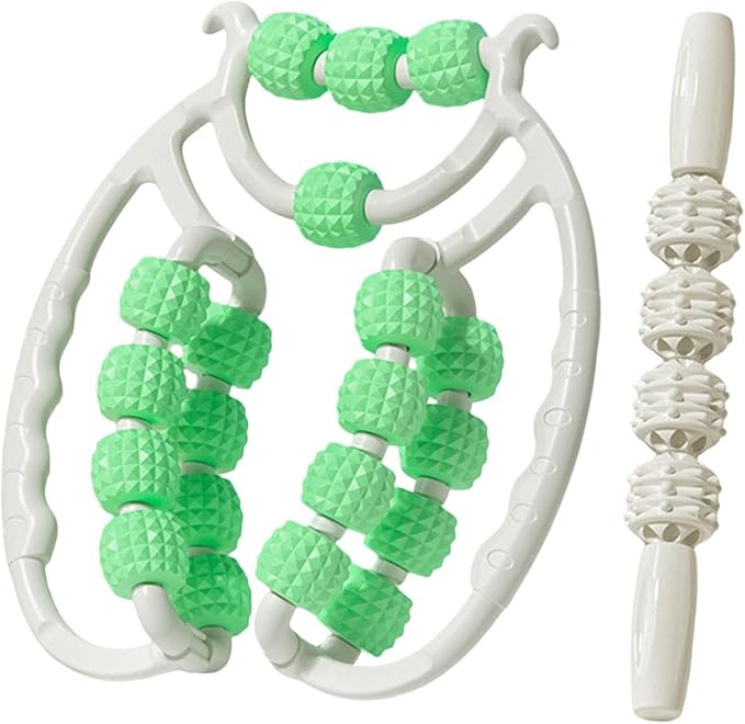 Colaxi 20 Wheels Massage Roller with Massage Stick Portable Multipurpose Flexible Handheld Roller for Back Shoulders Legs Thigh Arms, Green