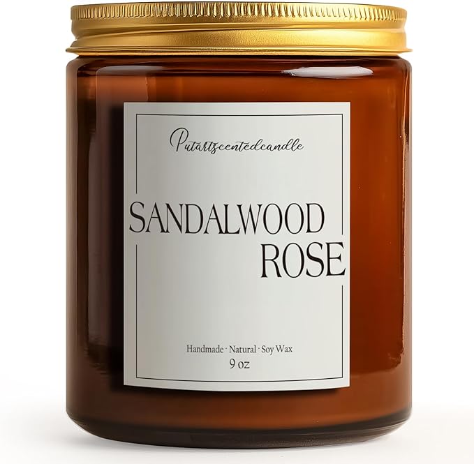 Sandalwood & Rose Scented Candles for Home, Natural Soy Wax Aromatherapy Santal Rose Candle Gifts for Men & Women, Highly Scented & Long Lasting Non Toxic Jar Candle for Stress Relief (9oz)