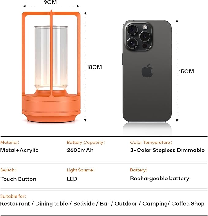 Portable Outdoor Table Lamp, Cordless Dimmable Touch Table Light, Rechargeable Battery Operated Small Lamp with 3 Colors and Brightness Control for Bedroom/Patio/Camping/Bar/Coffee Shop (Orange)
