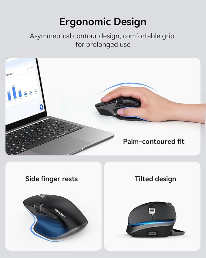 TECKNET Wireless Mouse, Bluetooth Mouse (BT5.0/5.0 & 2.4G) Rechargeable 4800 DPI Ergonomic Optical Mouse with 6 Adjustable, Quiet Clicks, USB A Receiver, 7 Buttons, Wide Compatibility - Black