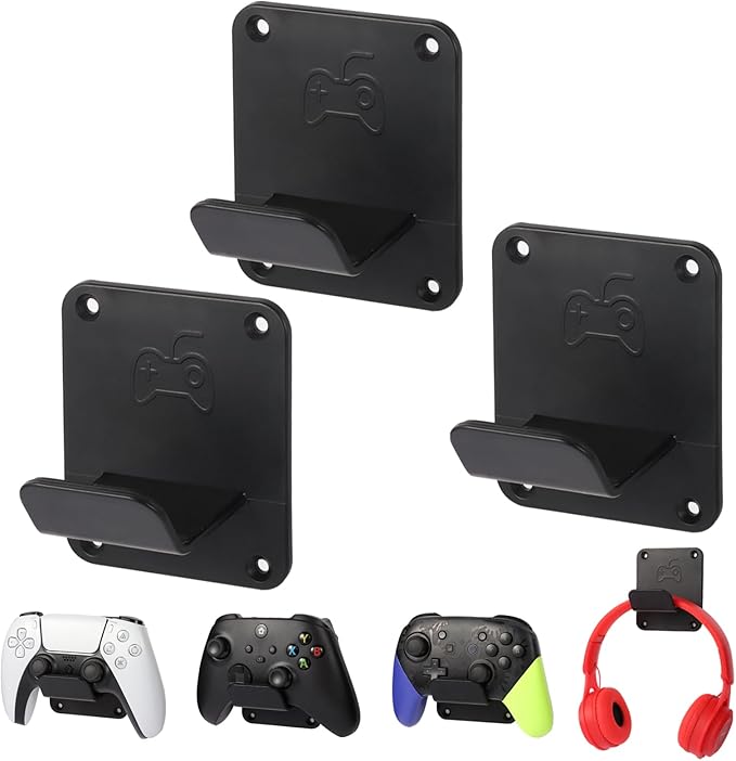 Controller Holders Wall Mount 3 Pack Wall Stands With Non-Slip Pads, Premium Headphone Mount for Controllers and Headsets, Black, YCKJ-WM-01