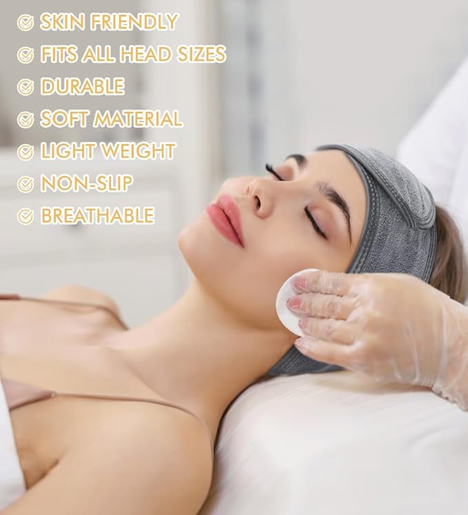 SINLAND Spa Headband for Women 3 Counts Ultra Soft Adjustable Makeup Hair Band with Magic Tape, Terry Cloth Stretch Head Wrap for Face Washing, Bath, Shower, Facial Mask, Yoga