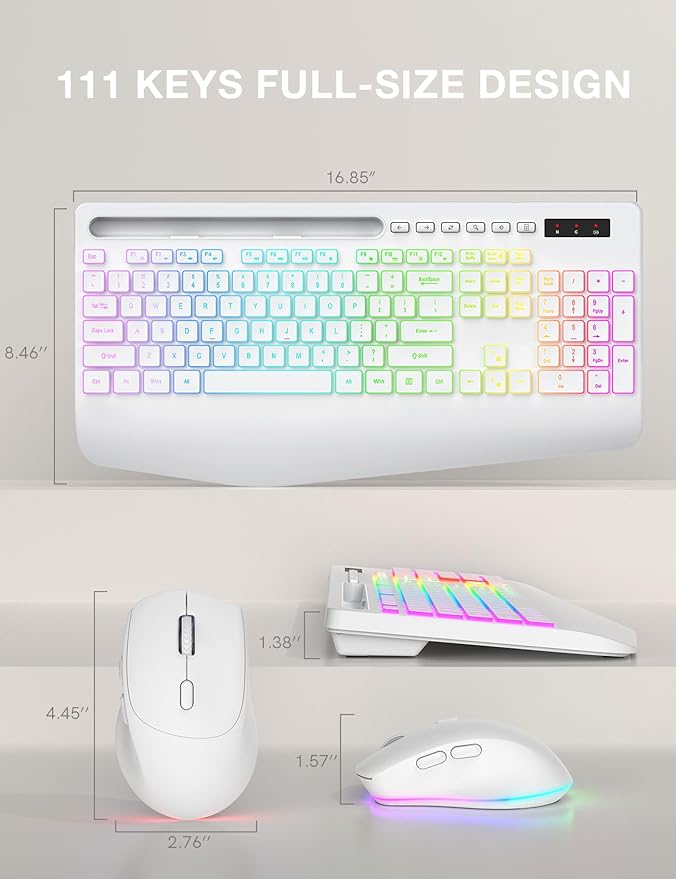Wireless Keyboard and Mouse Combo, 9 Backlit Effects, Wrist Rest, Phone Holder, 2.4G Lag-Free Ergonomic Keyboards, Rechargeable Silent Cordless Set for Computer, Laptop, Mac, Windows -SABLUTE(White)