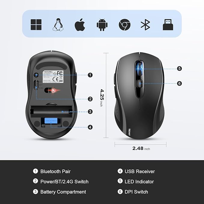 TECKNET Bluetooth Mouse, 2-in-1(BT 5.0/3.0+2.4Ghz) 4000DPI Wireless Mice with USB Connect Available for Laptop Computer, Portable PC Mouse Bluetooth for Mac (USB-A+BT Wireless Connect, Black)