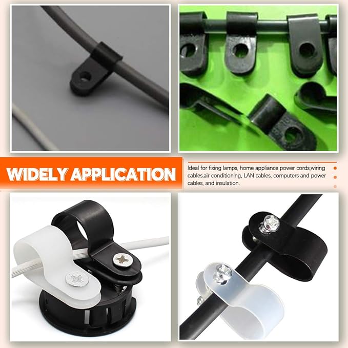 135 Pcs 6 Size Black Nylon R-Type Cable Clamp Clips Fasteners Assortment kit with Mounting Screw and 135 Pcs Screws Organizer Cord Clips for Wire Management