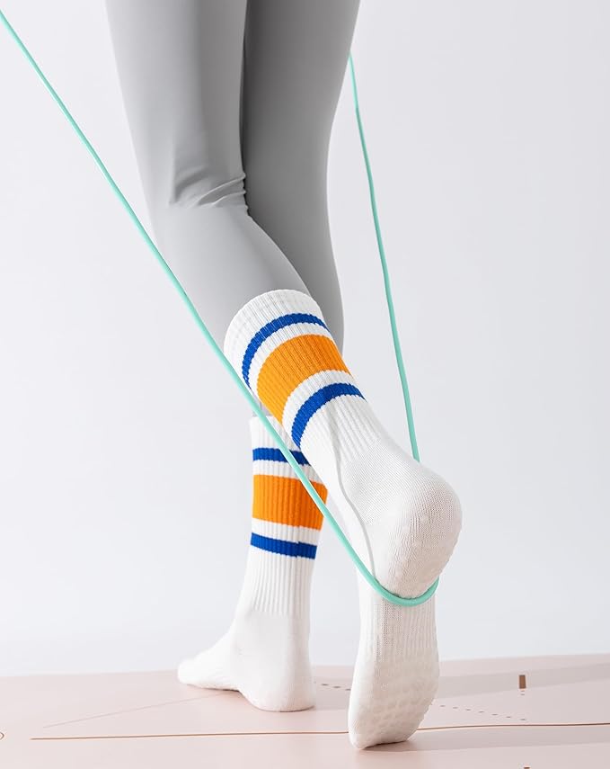 Yawlsow 3 Pairs Pilates Grip Socks for Women Yoga Grippy Striped Retro Crew Socks Non Slip Sticky Barre Sock with Grippers