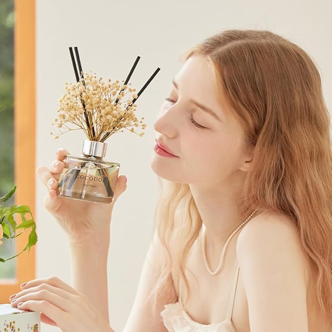 COCODOR Flower Reed Diffuser Set / 6.7oz / Ylang Ylang/Scent Diffuser with Sticks Home Fragrance Reed Diffuser for Bathroom Shelf Decor