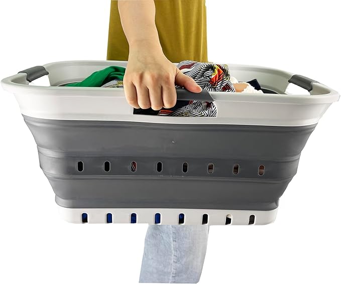SAMMART 42L (11 gallon) Collapsible Plastic Laundry Basket - Foldable Pop Up Storage Container/Organizer - Portable Basket - Space Saving Hamper/Basket (2, Grey/Steel Grey)