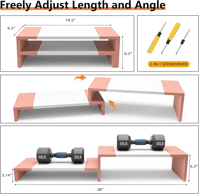 WESTREE Dual Monitor Stand - Monitor Stand Riser - 2 Shelf Computer Monitor Stand with Adjustable Length and Angle, Monitor Stands for 2 Monitors, Desktop Organizer Stand for PC, Computer, Laptop