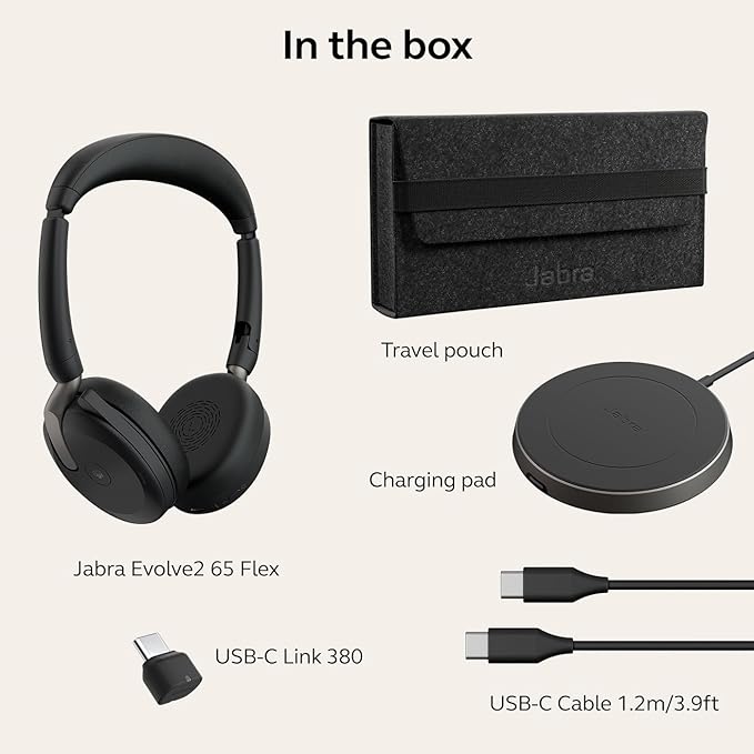 Jabra Evolve2 65 Flex Stereo Headset with Bluetooth, Wireless Charging Pad - Noise-Cancelling ClearVoice Technology & Hybrid Active Noise Cancellation - Certified for Microsoft Teams - Black